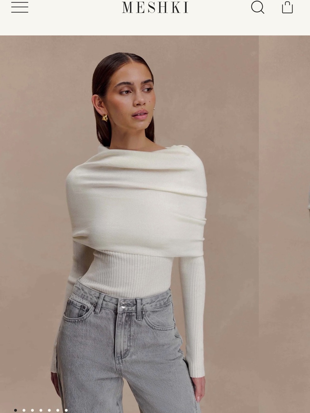 Meshki Ivory Off-Shoulder Ribbed Knit Sweater